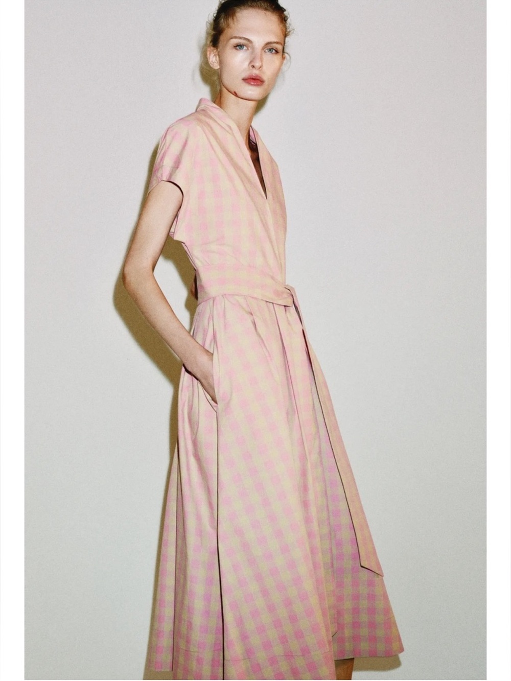 Zara NWT Pink Gingham Wrap Midi Dress - Women